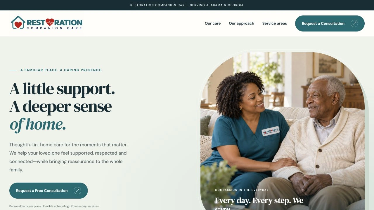 Screenshot of the Restoration Companion Care website