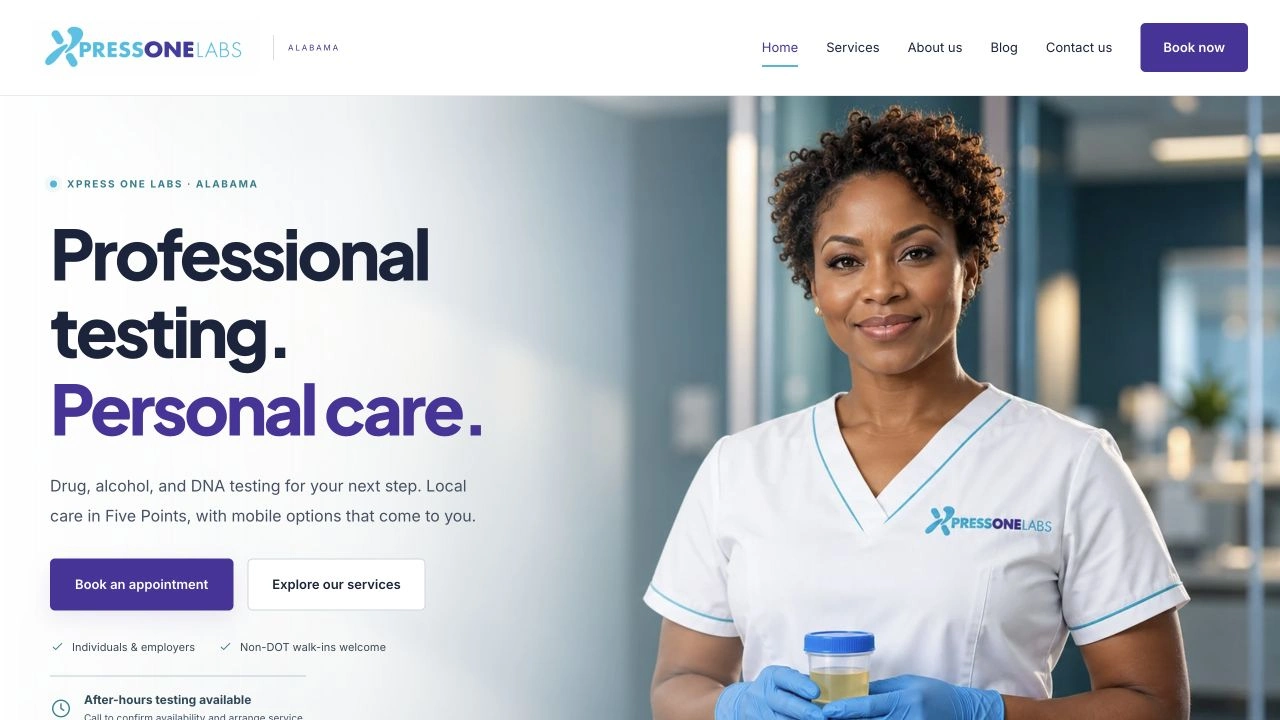 Screenshot of the Xpress One Labs Alabama website